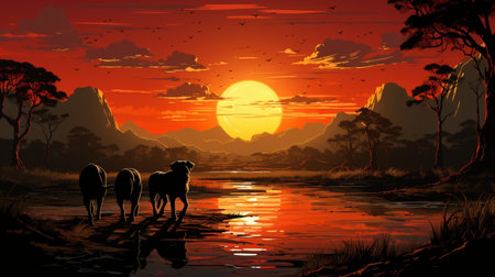Landscape with cows on the river at sunset. Vector illustration.の素材