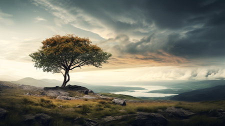 Lonely tree on a hillside under a stormy skyの素材