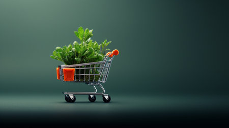Shopping cart with green plant on dark background. 3d illustrationの素材