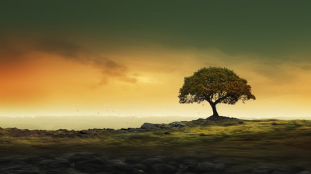 Tree in the middle of a foggy landscape. 3d renderの素材