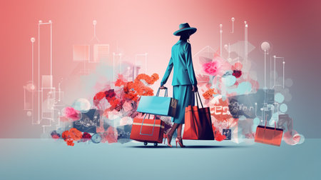 Fashionable woman with shopping bags on abstract background. 3D renderingの素材