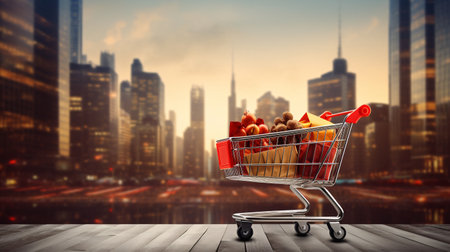Shopping cart full of Christmas gifts against new york cityscapeの素材