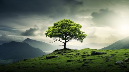 Tree on a hillside in the mountains. 3d render.の素材