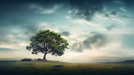 Lonely tree in the meadow, 3d render.の素材