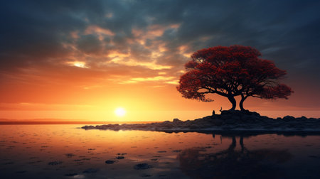 Tree on the beach at sunset, 3d render. Nature backgroundの素材