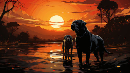 Illustration of a black dog and a big dog in the river at sunsetの素材