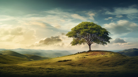 Tree on the meadow in the mountains at sunset. Nature backgroundの素材