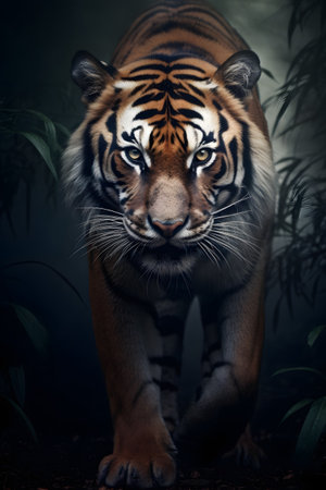 Portrait of a beautiful tiger on a dark background. Close-up.の素材