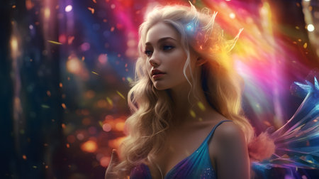 Portrait of a beautiful blonde woman in a blue dress with wings.の素材