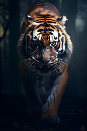 Portrait of a tiger in the forest. Tiger in the dark forest.の素材