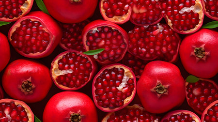 Pomegranate fruit with green leaves. Top view. Flat lay.の素材