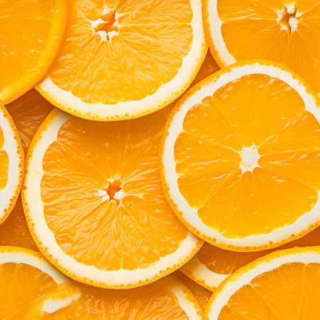 Slices of fresh orange fruit as background, top view.の素材