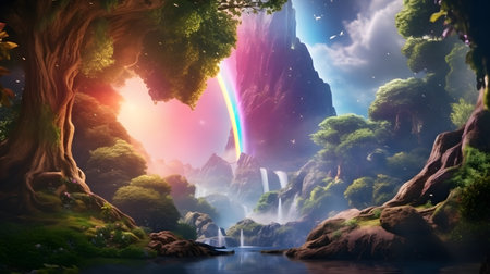 Fantasy landscape with waterfall and rainbow. 3d illustration. Fantasy world.の素材