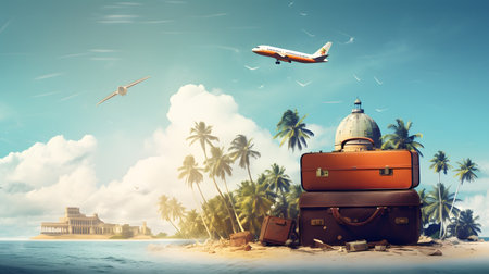 Travel and vacation concept. Vintage suitcase and airplane on tropical beach.の素材