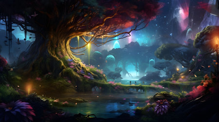 Fantasy landscape with magic forest and lake. 3D illustration.の素材