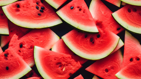 Slices of watermelon on a black background. Top view.の素材