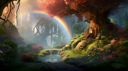 Rainbow in fantasy garden. 3D render. Fantasy landscape.の素材
