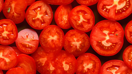 Tomatoes background. Top view of fresh red tomatoes. Food background.の素材