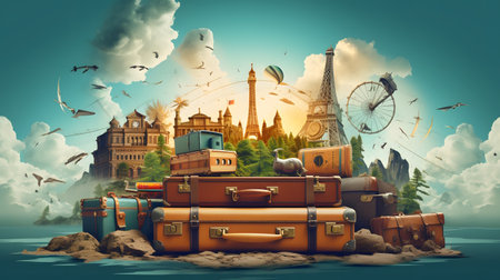 Traveling around the world concept with a lot of vintage suitcasesの素材