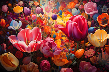 Colorful tulips on a dark background. Digital painting. 3d renderingの素材