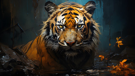 Portrait of a tiger in the dark. 3D rendering.の素材