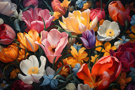 Vintage floral background with tulips and crocuses. Digital painting.の素材