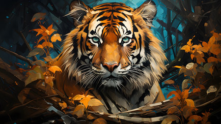 Tiger in the forest. Digital painting of a tiger in the forest.の素材