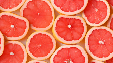 Close up of grapefruit slices as a background. Top view.の素材