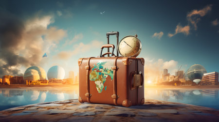 Suitcase and clock on the background of the planet Earth.の素材