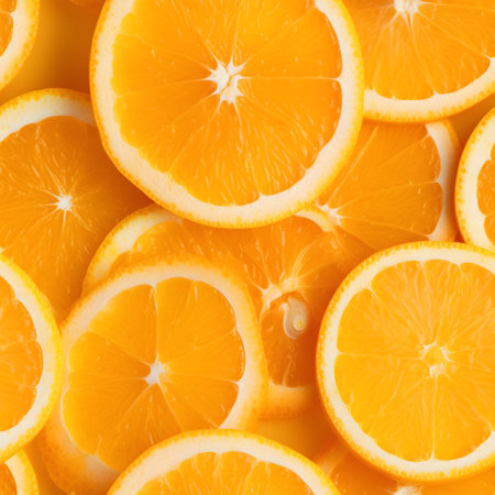 Slices of orange fruit as a background, top view.の素材