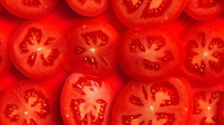 Background of fresh red tomato slices. 3d rendering, 3d illustration.の素材