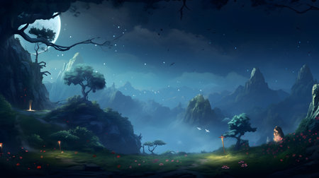 Fantasy landscape with dark forest and full moon. 3d renderingの素材