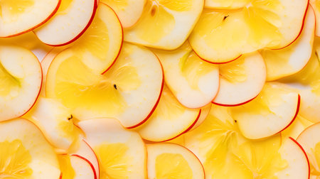 Apple slices background. Top view. Flat lay pattern of apple slices.の素材