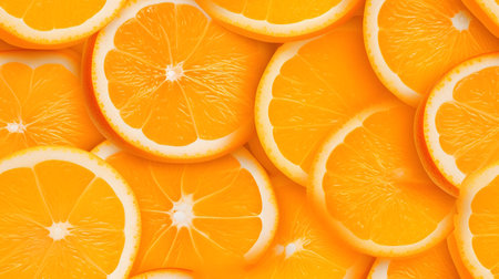 Slices of orange fruit as a background. Top view.の素材