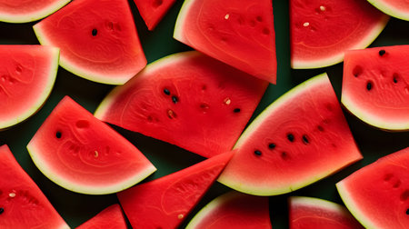 Slices of watermelon on a green background. Top view.の素材