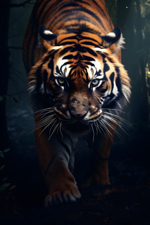 Beautiful tiger in the dark forest. Close-up portrait.の素材
