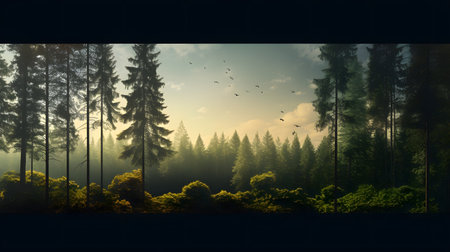 Pine tree forest in the fog. 3d render illustration.の素材