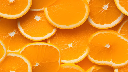 Orange fruit slices background. Top view. Flat lay. Close up.の素材
