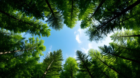 Looking up at the sky through the tops of the trees in the forestの素材