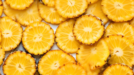 Pineapple fruit slices on white background. Top view, flat layの素材
