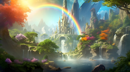 Fantasy landscape with a waterfall and a rainbow. 3d renderの素材
