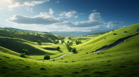 Beautiful landscape with green hills and blue sky. 3d renderingの素材