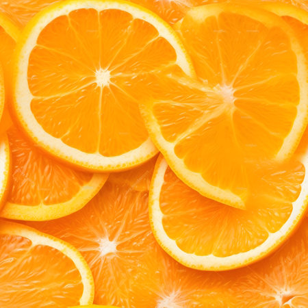Slices of orange fruit as a background. Top view.の素材