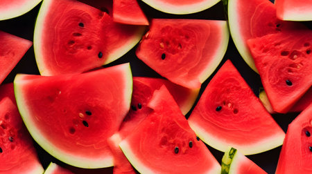 Slices of watermelon on black background. Top view.の素材