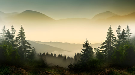 Foggy morning in the Carpathian mountains, Ukraine.の素材