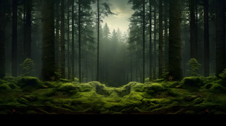 Mysterious dark forest with fog and mist. 3D renderingの素材