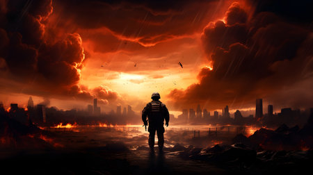 Silhouette of a man in a gas mask on the background of a burning cityの素材