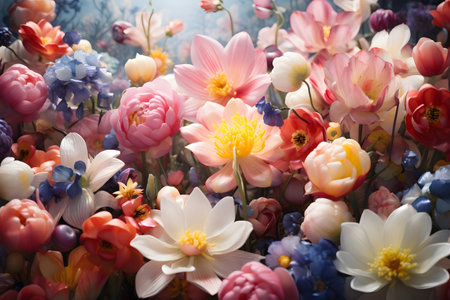 Flower background with tulips, daffodils and crocusの素材