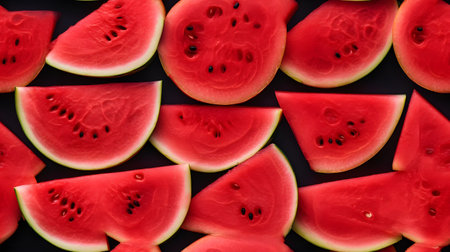 Slices of watermelon on a black background. Top view.の素材
