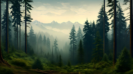 Fantasy landscape with foggy mountains and coniferous forest.の素材